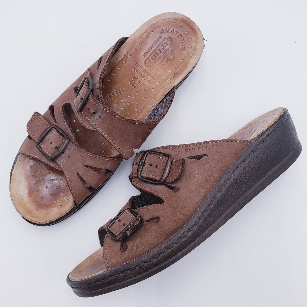 FLY FLOT Dana 2-Strap Tan Leather‎ Sandals Italy Anti Shock Women's Size 38 US